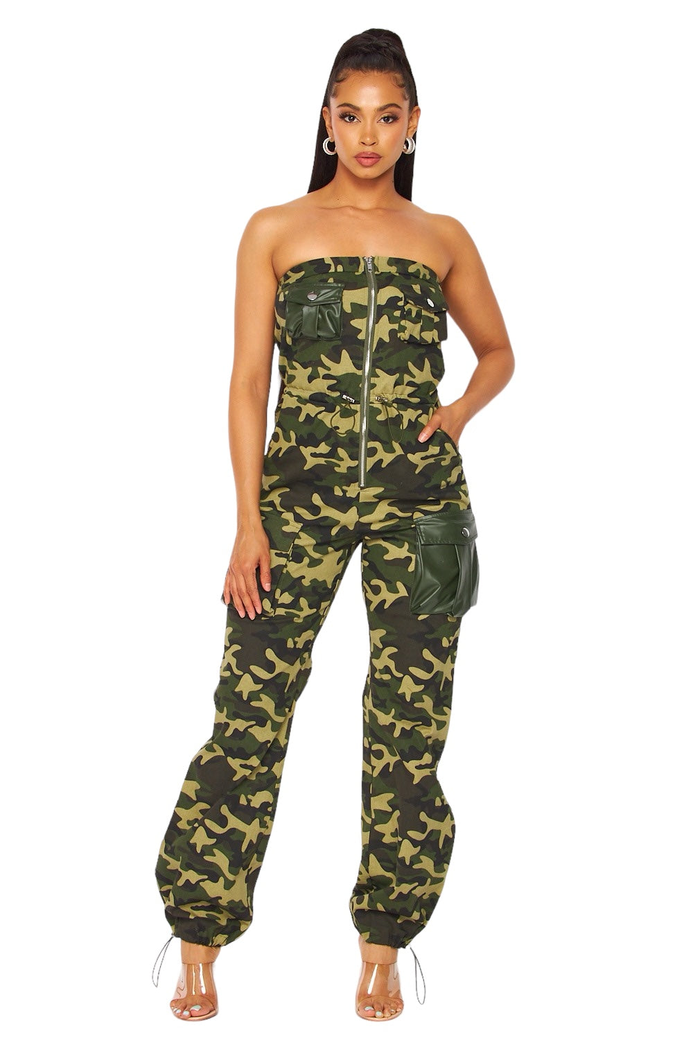 Mono cargo camuflaje sin tirantes con bolsillo de PU