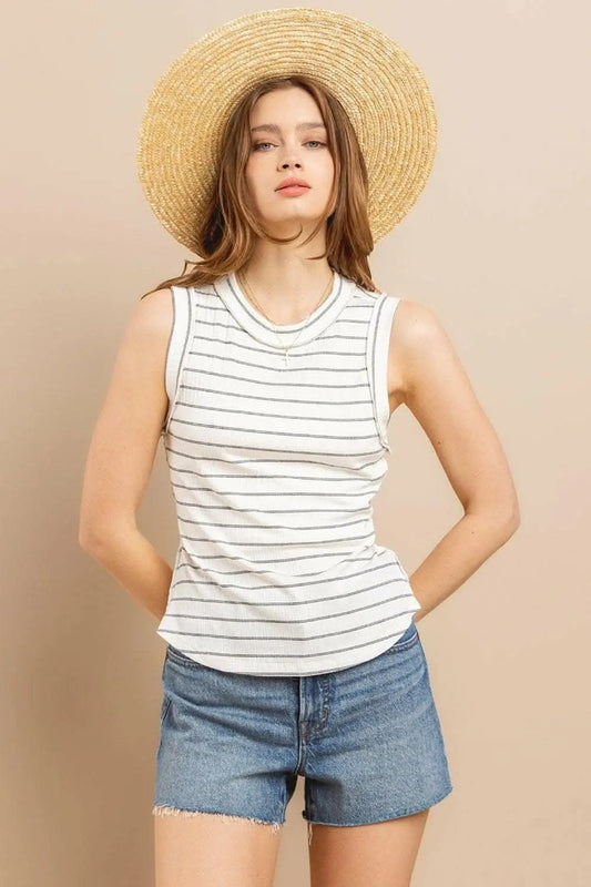 Camisetas Trendsi Camiseta sin mangas a rayas para mujer, verano, casual, cuello redondo, sin mangas, esencial