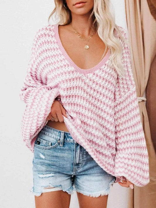 Suéter Sweaters Trendsi de punto a rayas con cuello en V y hombros caídos
