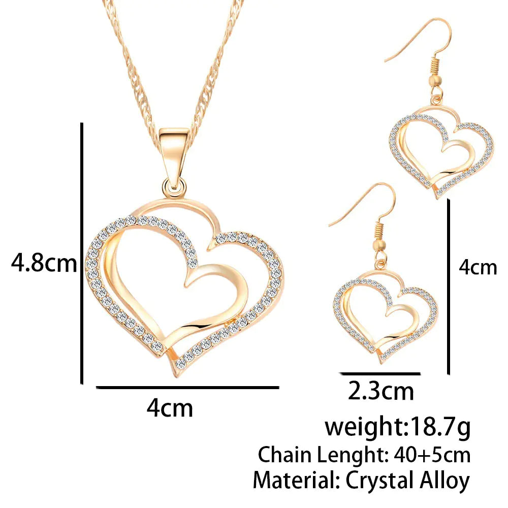 Juego de boda de pendientes y collar con doble corazón