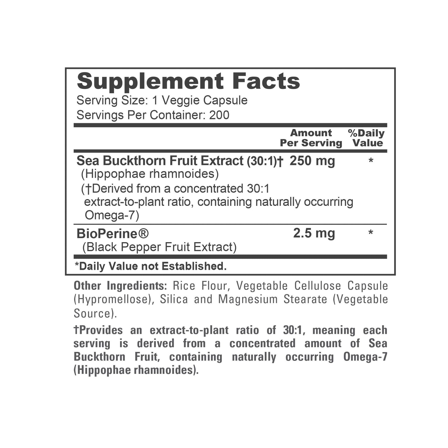 NusaPure Sea Buckthorn Omega-7 30:1 Extract, 250 mg per Veggie Caps - 200 Capsules - Non-GMO & Vegan