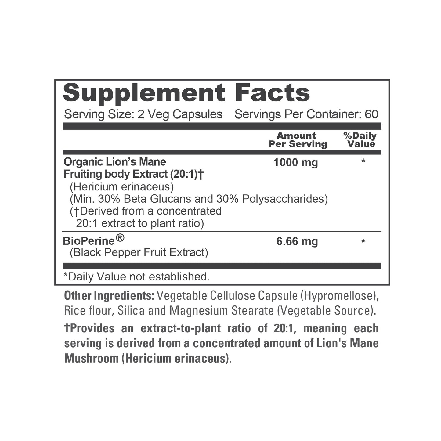 NusaPure Lions Mane 20:1 Extract 1000mg - Made with Organic Lion`s Mane, Bioperine - 30% Polysaccharides - 120 Veggie Caps. Non-GMO, Gluten Free