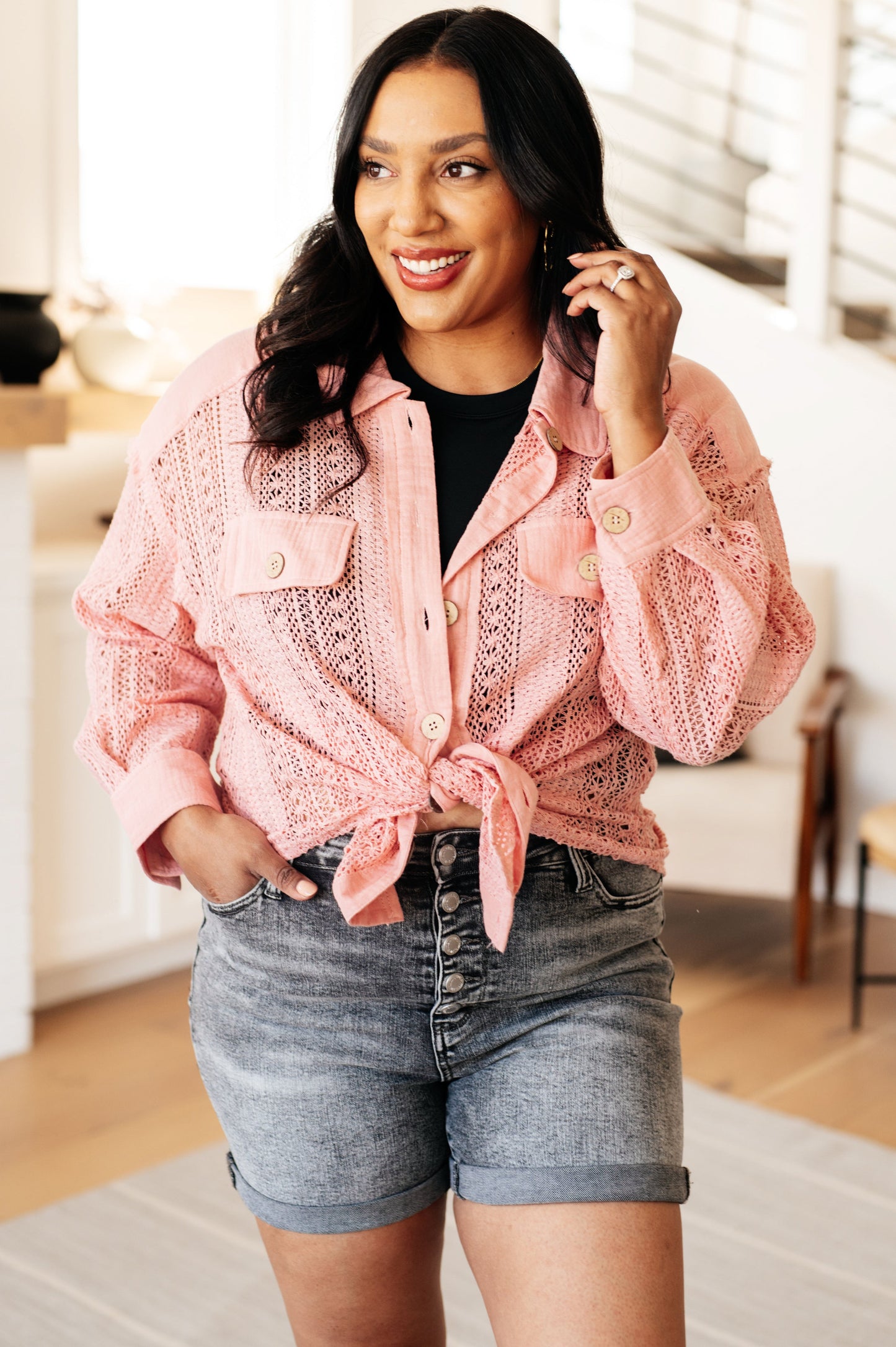 Blusa abotonada de encaje Sweeter Than Nectar en color rosa