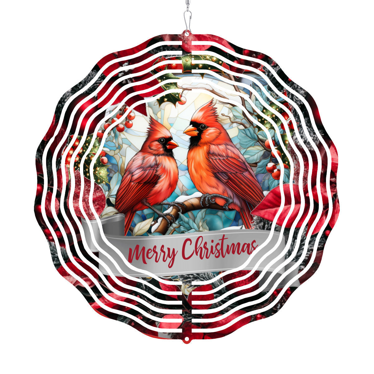 Merry Christmas Red Birds Metal Wind Spinner Outdoor Decor