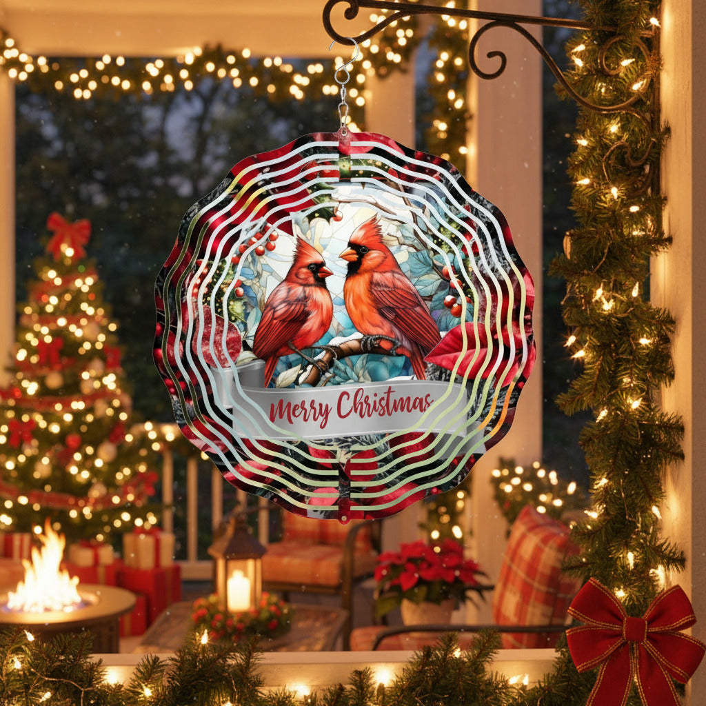 Merry Christmas Red Birds Metal Wind Spinner Outdoor Decor