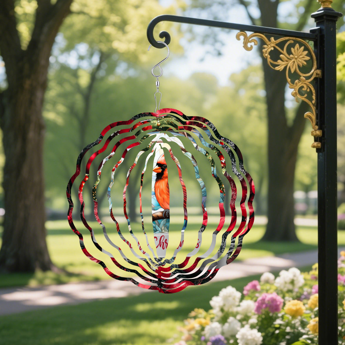 Merry Christmas Red Birds Metal Wind Spinner Outdoor Decor