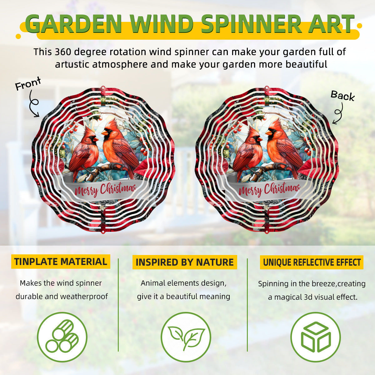 Merry Christmas Red Birds Metal Wind Spinner Outdoor Decor