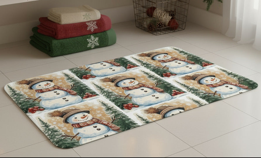 Happy Snowman Scene with Pine Trees Flannel Bath Mat