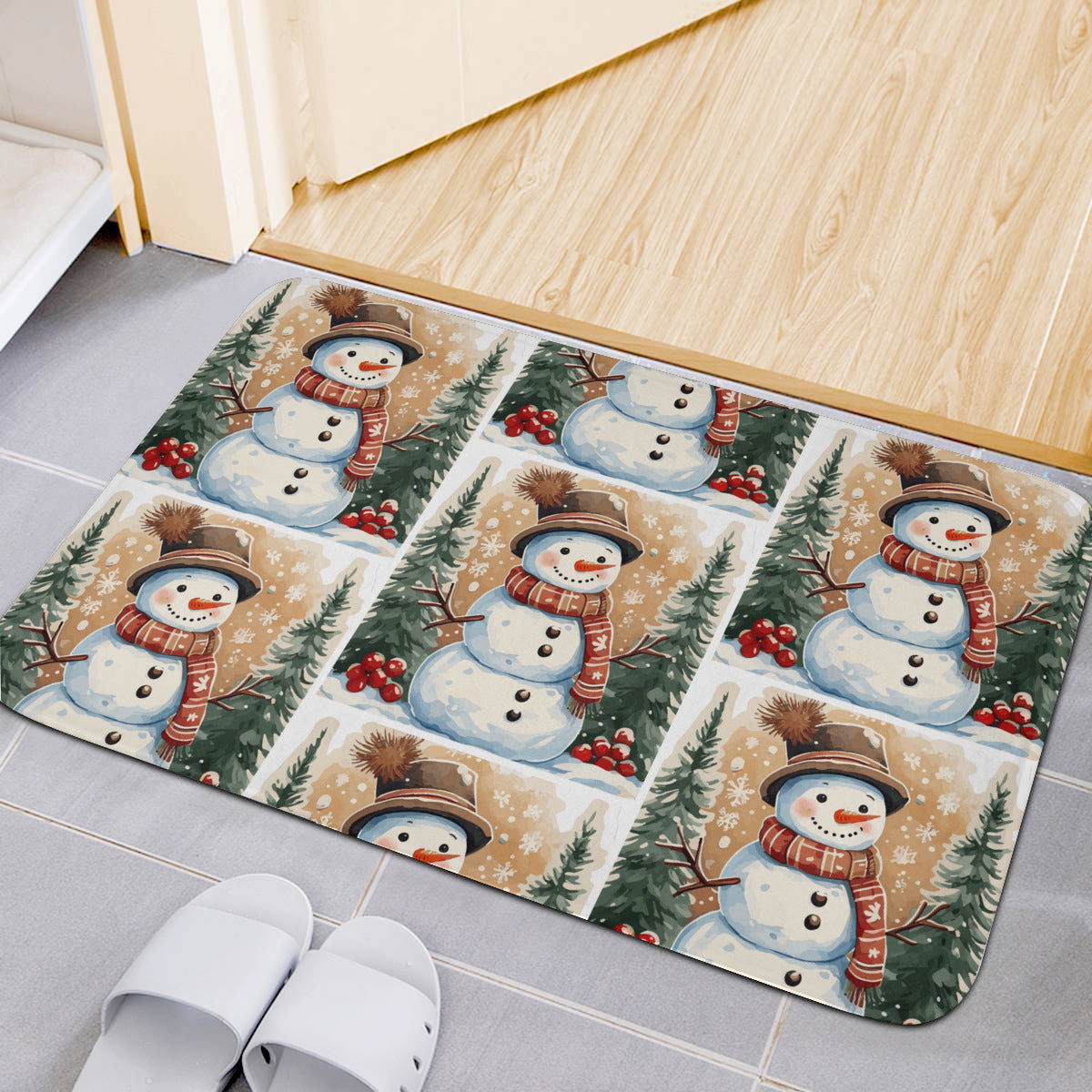 Happy Snowman Scene with Pine Trees Flannel Bath Mat