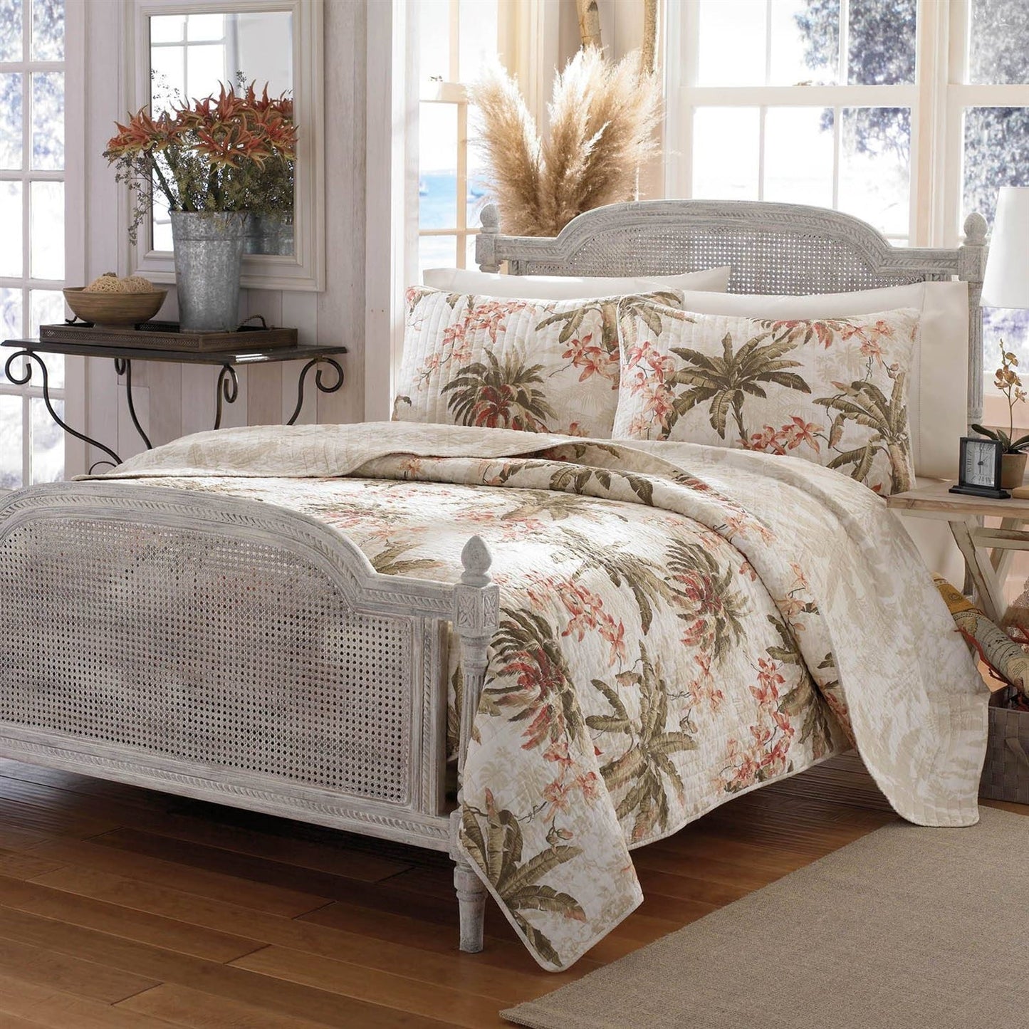 Juego de edredón reversible de 3 piezas King Cotton Coastal Palm Tree con diseño floral