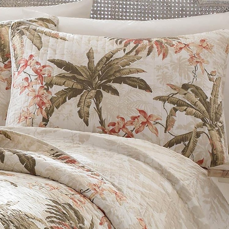 Juego de edredón reversible de 3 piezas King Cotton Coastal Palm Tree con diseño floral