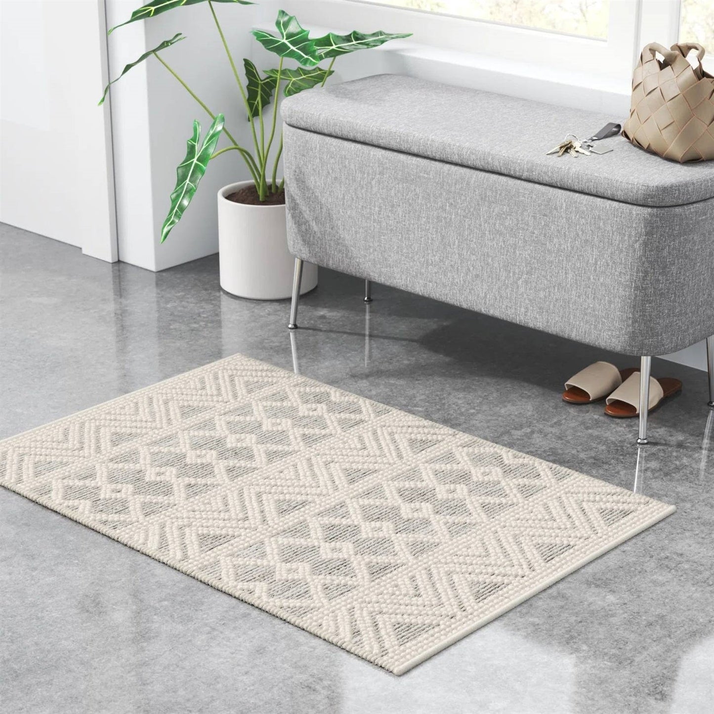 Alfombra de área estilo persa tejida a mano de 2 pies x 3 pies, mezcla de lana, gris, beige y marfil