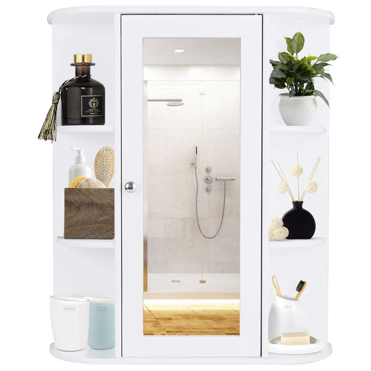 Botiquín de baño blanco montado en la pared con estantes de almacenamiento