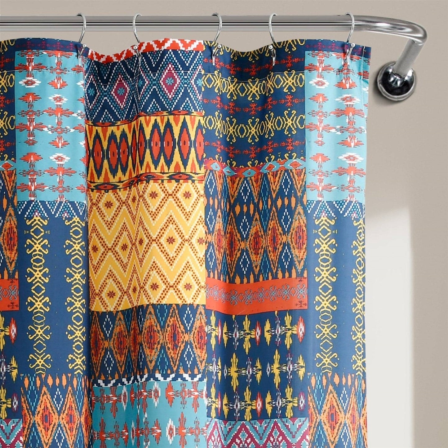Cortina de ducha de poliéster, azul marino, naranja, amarillo y verde azulado, estilo bohemio, con retazos, de 72 pulgadas