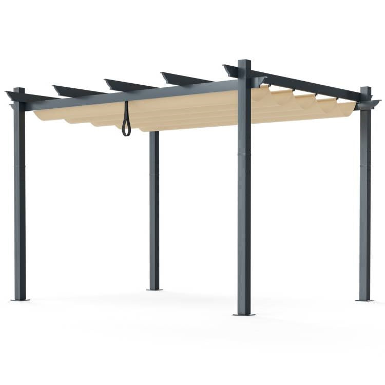 Pérgola de cenador moderna y resistente de 3 x 3,6 m para exteriores con toldo retráctil beige