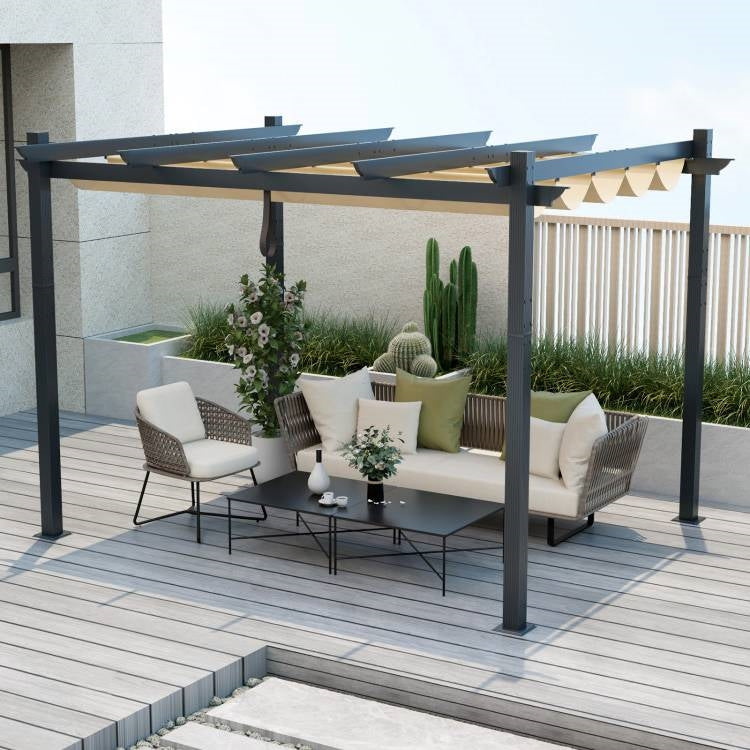 Pérgola de cenador moderna y resistente de 3 x 3,6 m para exteriores con toldo retráctil beige