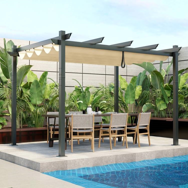 Pérgola de cenador moderna y resistente de 3 x 3,6 m para exteriores con toldo retráctil beige