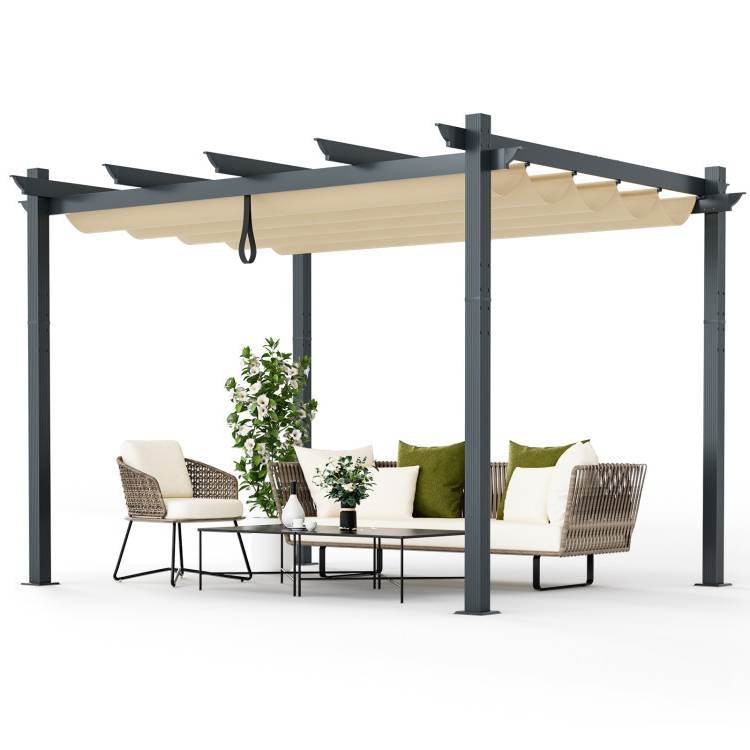 Pérgola de cenador moderna y resistente de 3 x 3,6 m para exteriores con toldo retráctil beige