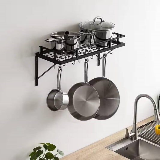 Estante de pared para ollas de acero inoxidable negro mate con 10 ganchos para colgar
