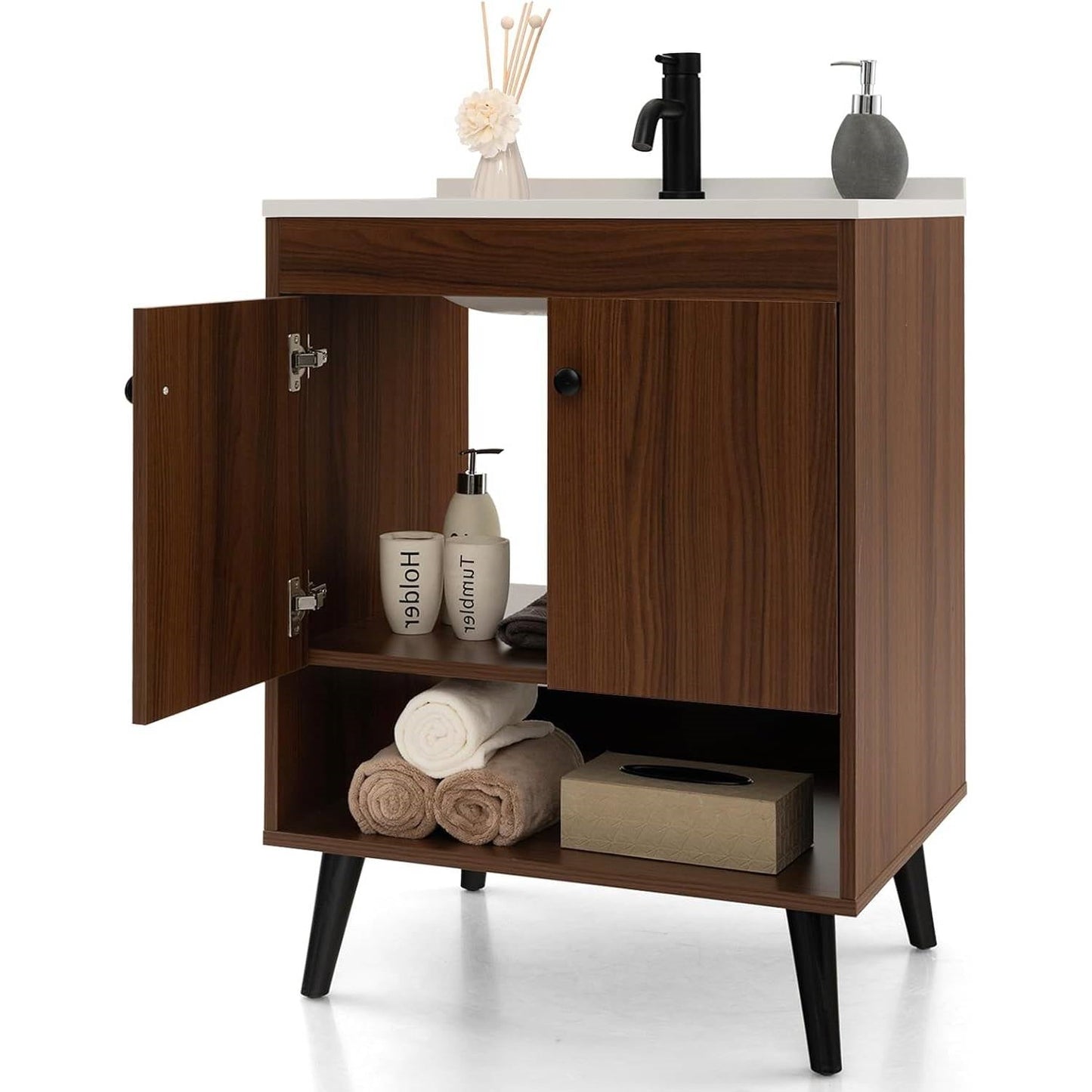 Mueble de baño Mid-Century Modern en acabado de madera de nogal con lavabo