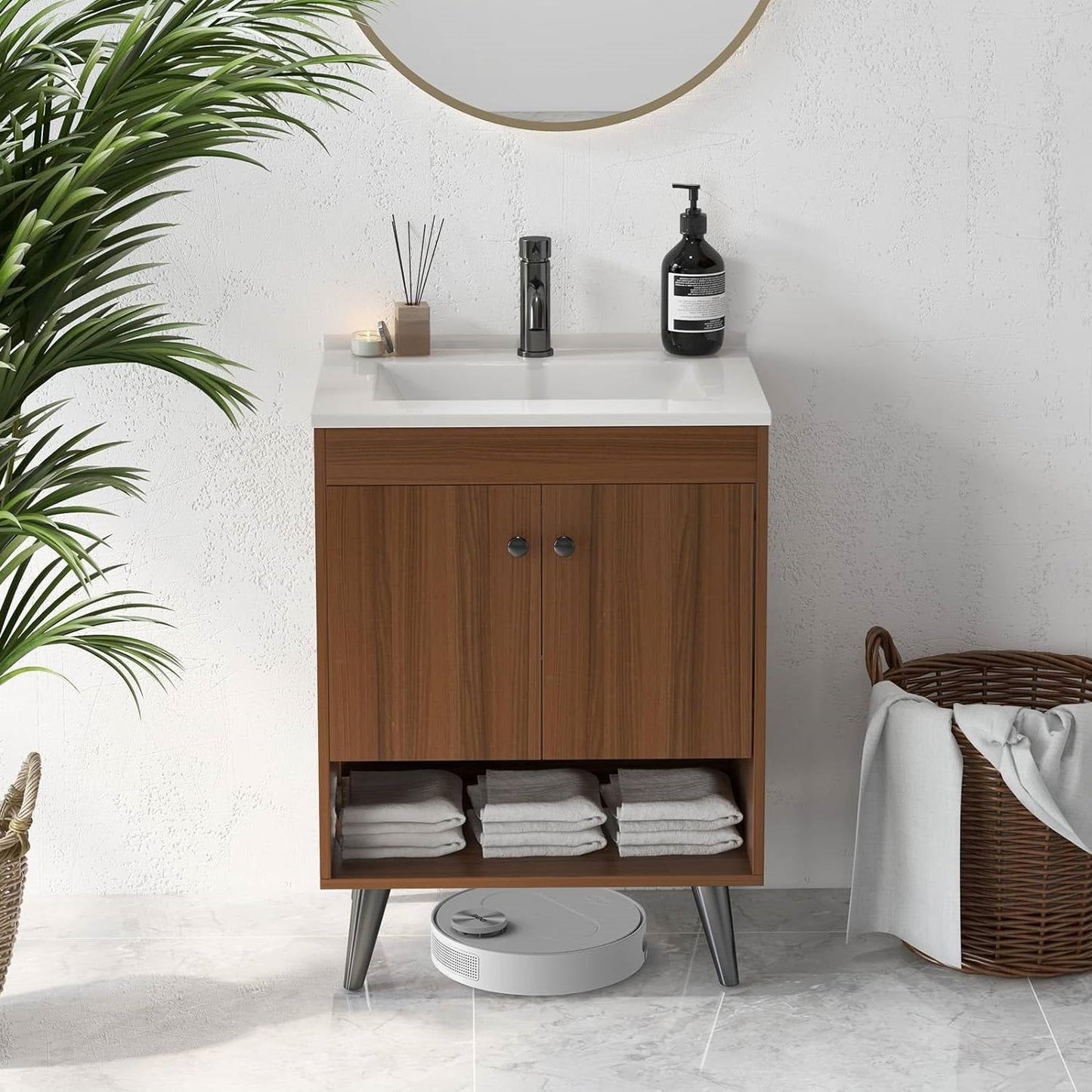 Mueble de baño Mid-Century Modern en acabado de madera de nogal con lavabo