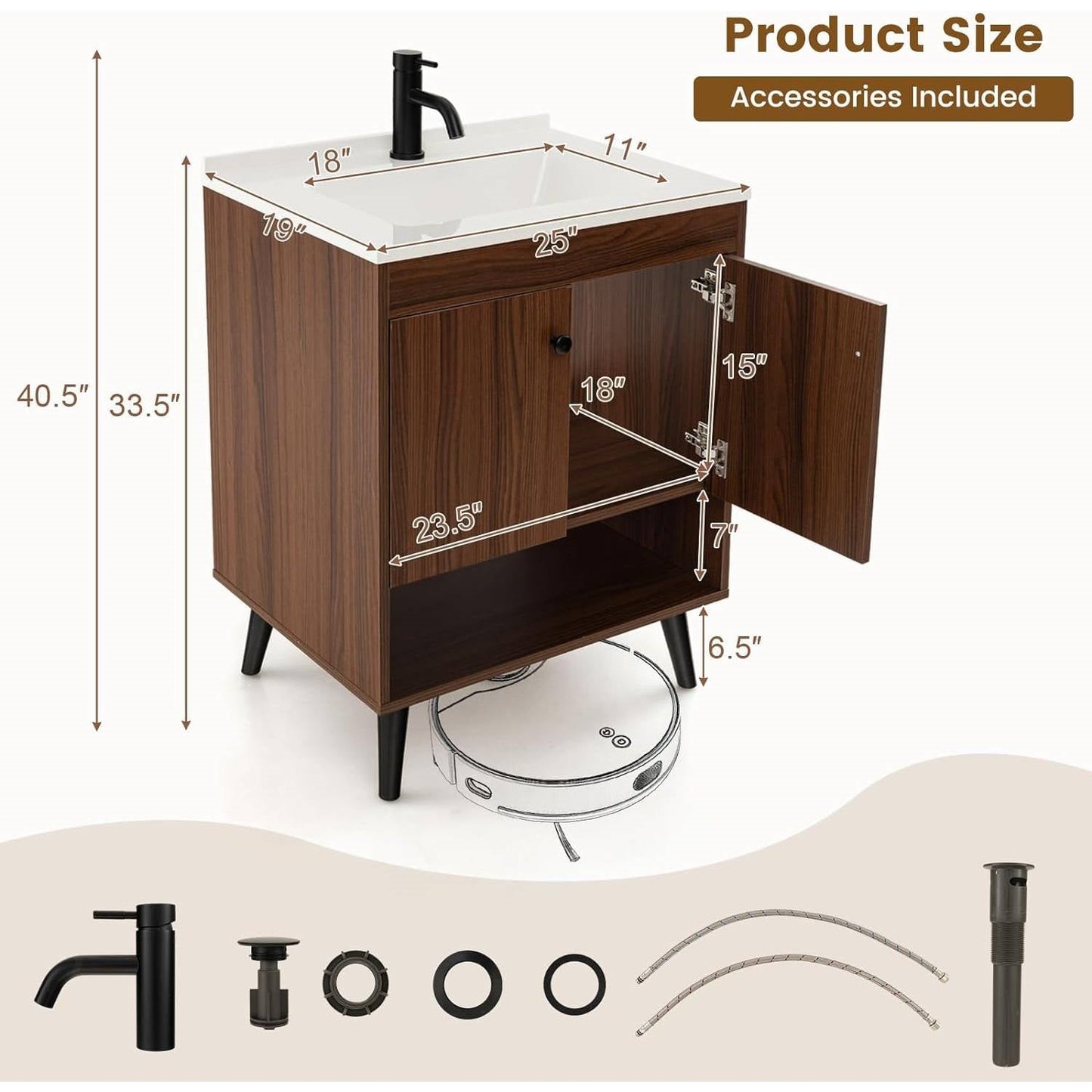 Mueble de baño Mid-Century Modern en acabado de madera de nogal con lavabo