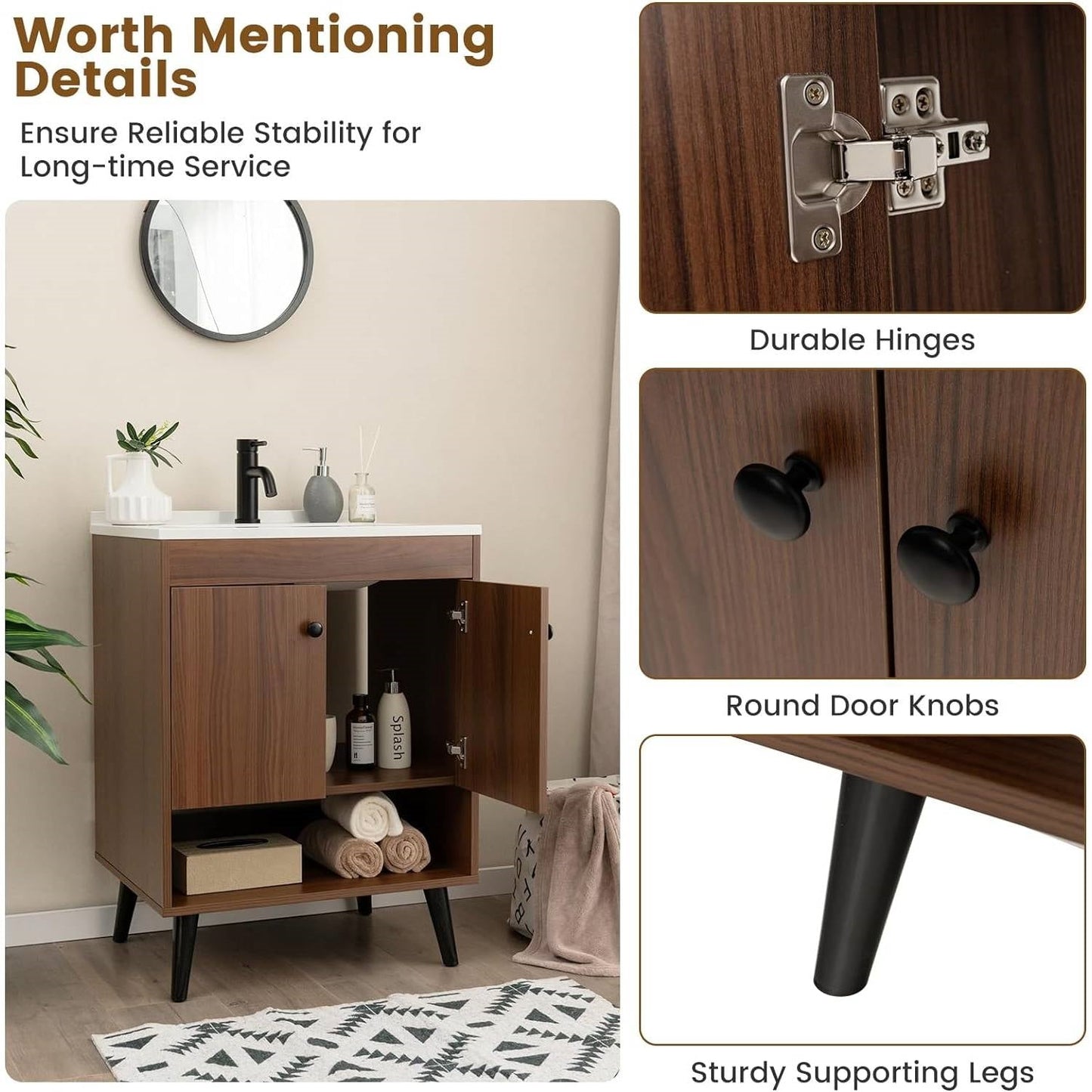 Mueble de baño Mid-Century Modern en acabado de madera de nogal con lavabo