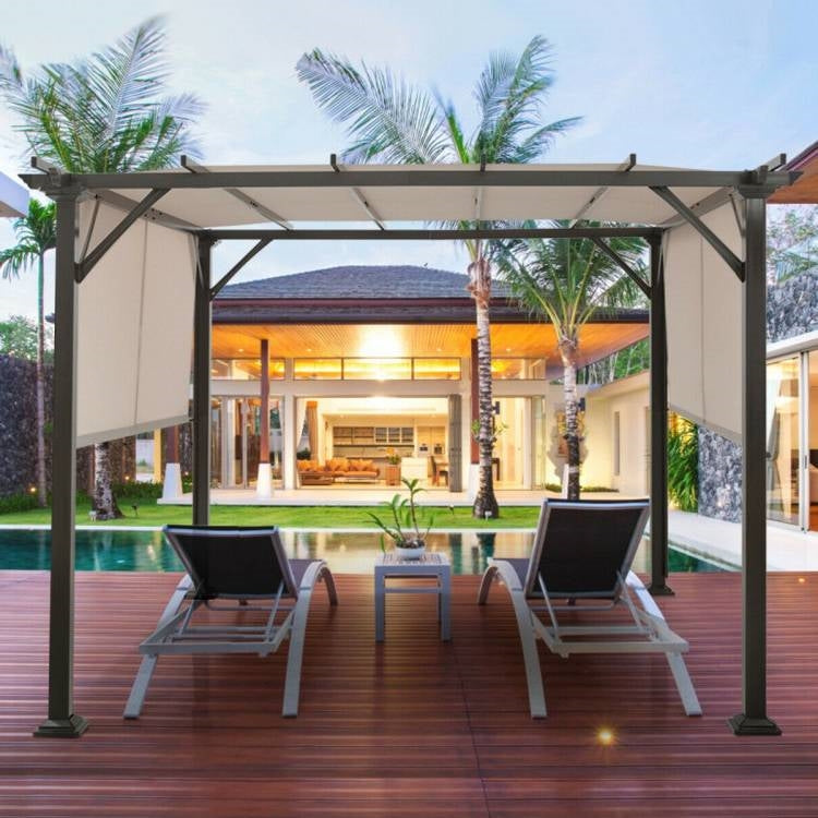 Cenador pérgola moderno de 10 x 10 pies con estructura de metal de alta resistencia y toldo beige