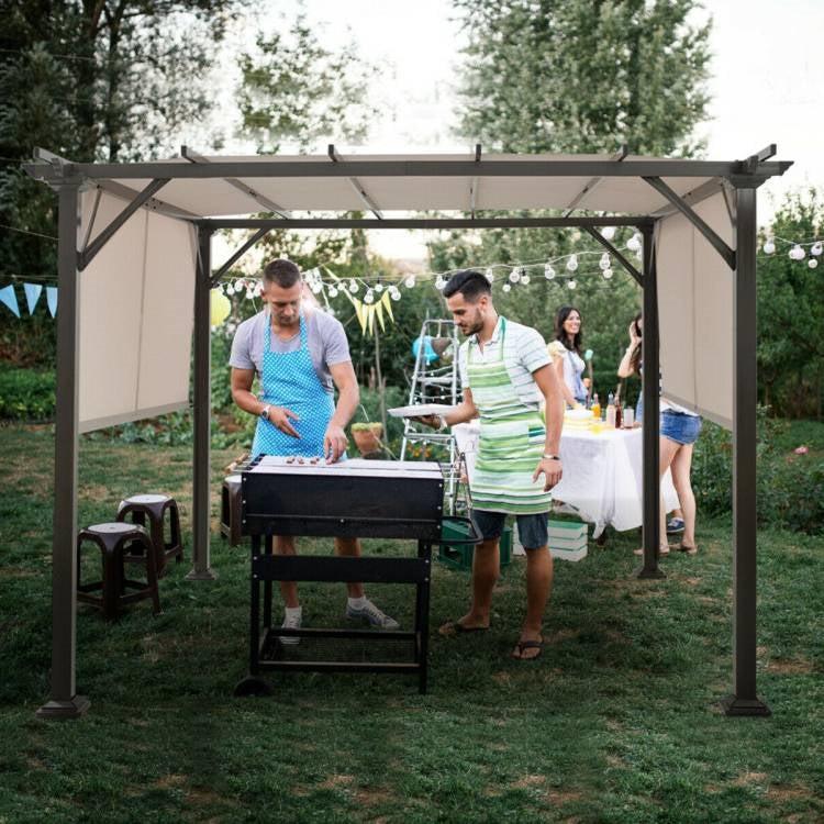 Cenador pérgola moderno de 10 x 10 pies con estructura de metal de alta resistencia y toldo beige