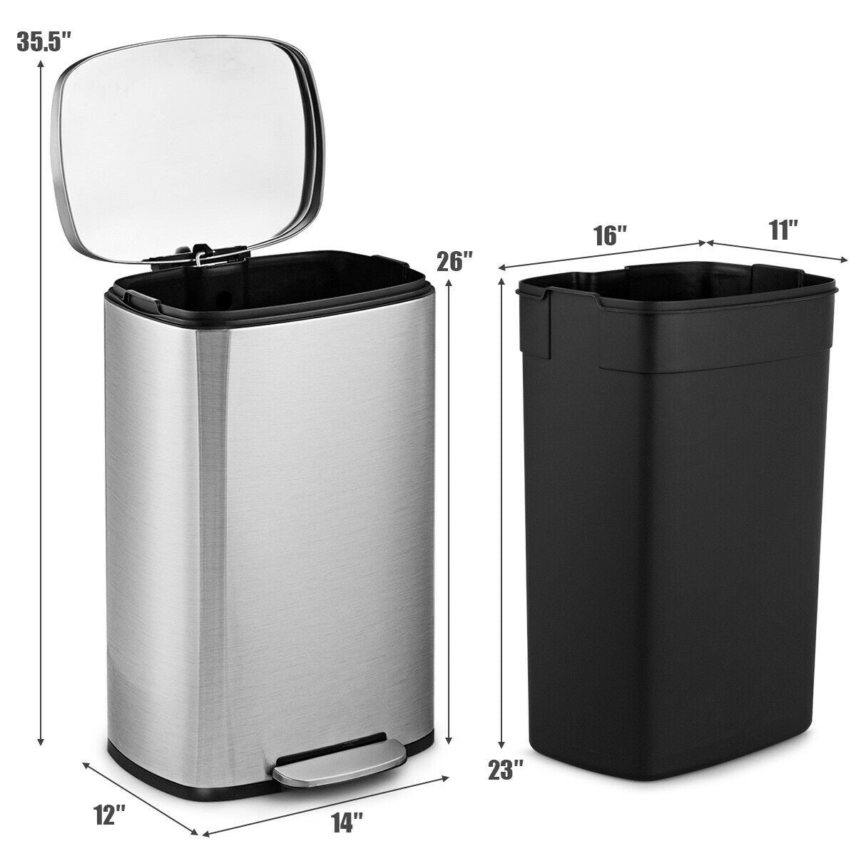 Cubo de basura de cocina moderno de acero inoxidable de 13 galones con diseño de pedal