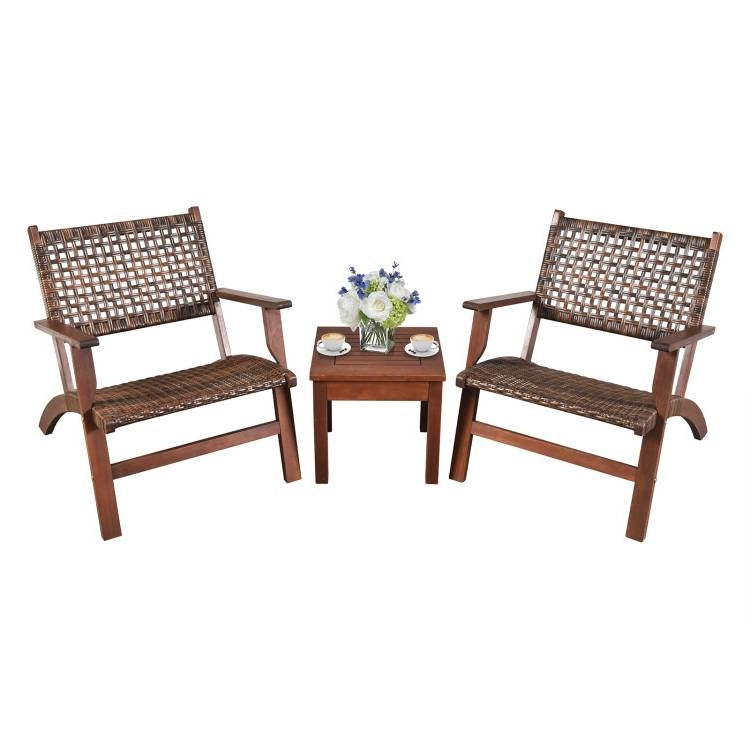 Juego de bistró de 3 piezas de madera y ratán para patio exterior con sillas y mesa