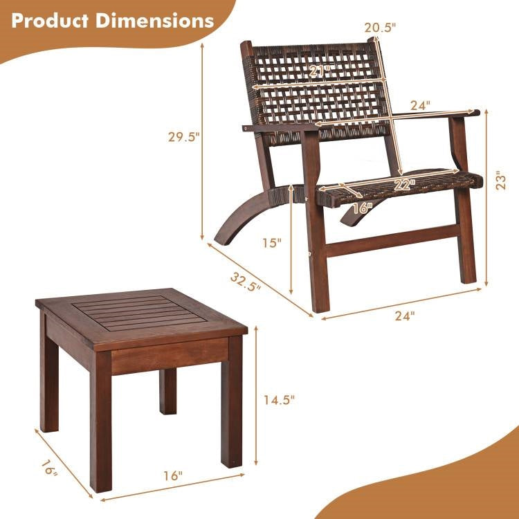 Juego de bistró de 3 piezas de madera y ratán para patio exterior con sillas y mesa