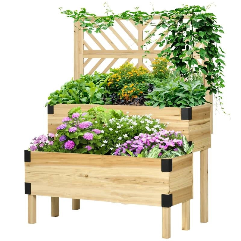 Macetero elevado de madera natural de 2 niveles con drenaje automático y enrejado
