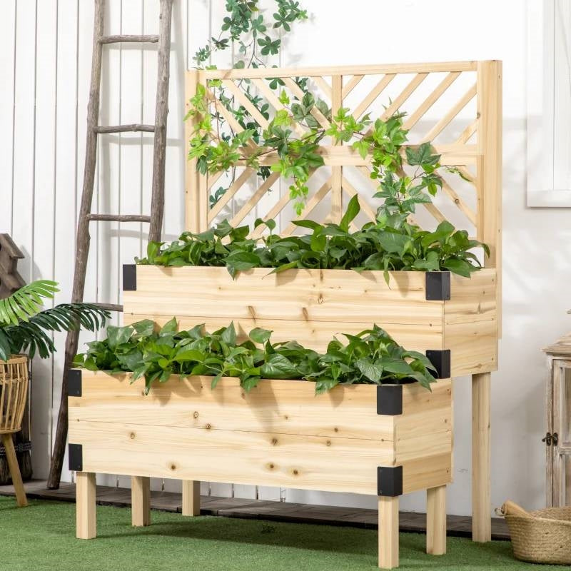 Macetero elevado de madera natural de 2 niveles con drenaje automático y enrejado