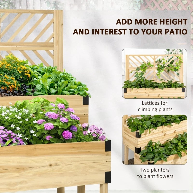 Macetero elevado de madera natural de 2 niveles con drenaje automático y enrejado