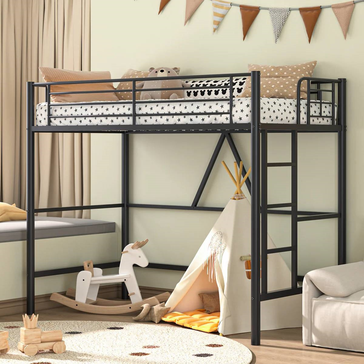 Estructura de cama alta de metal negro tamaño twin con escalera - Diseño que ahorra espacio