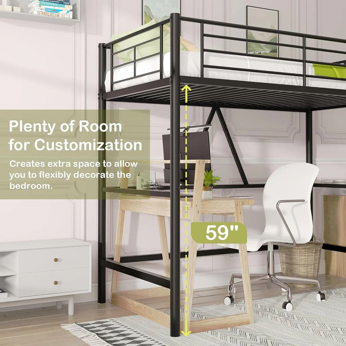 Estructura de cama alta de metal negro tamaño twin con escalera - Diseño que ahorra espacio