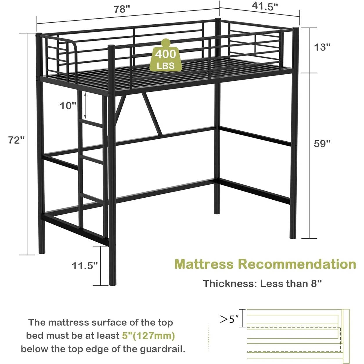 Estructura de cama alta de metal negro tamaño twin con escalera - Diseño que ahorra espacio