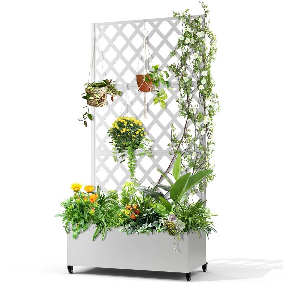 Maceta elevada de metal blanco para jardín exterior con enrejado y ruedas