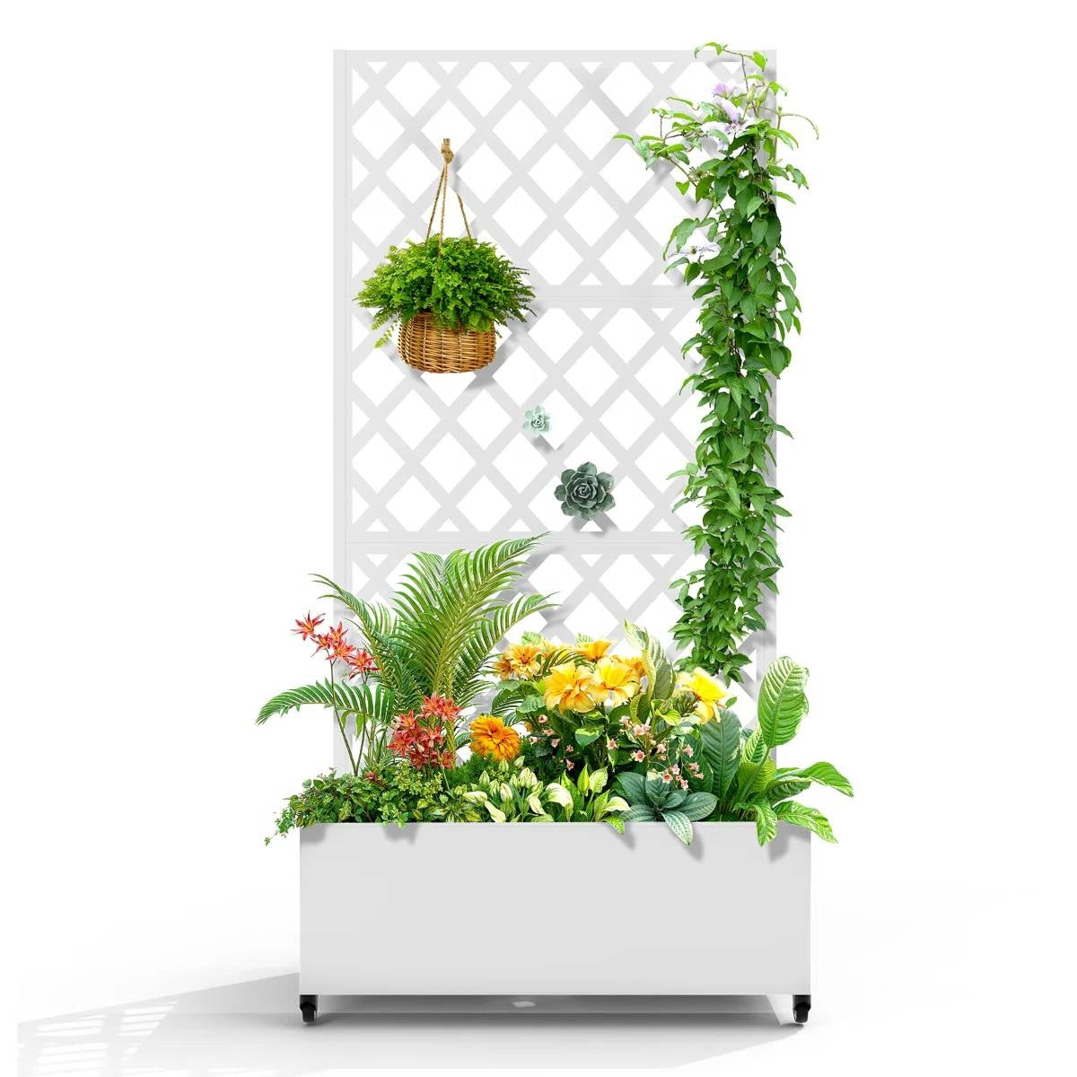 Maceta elevada de metal blanco para jardín exterior con enrejado y ruedas