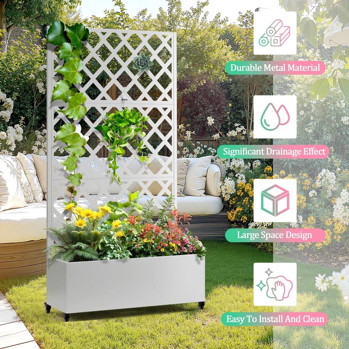 Maceta elevada de metal blanco para jardín exterior con enrejado y ruedas