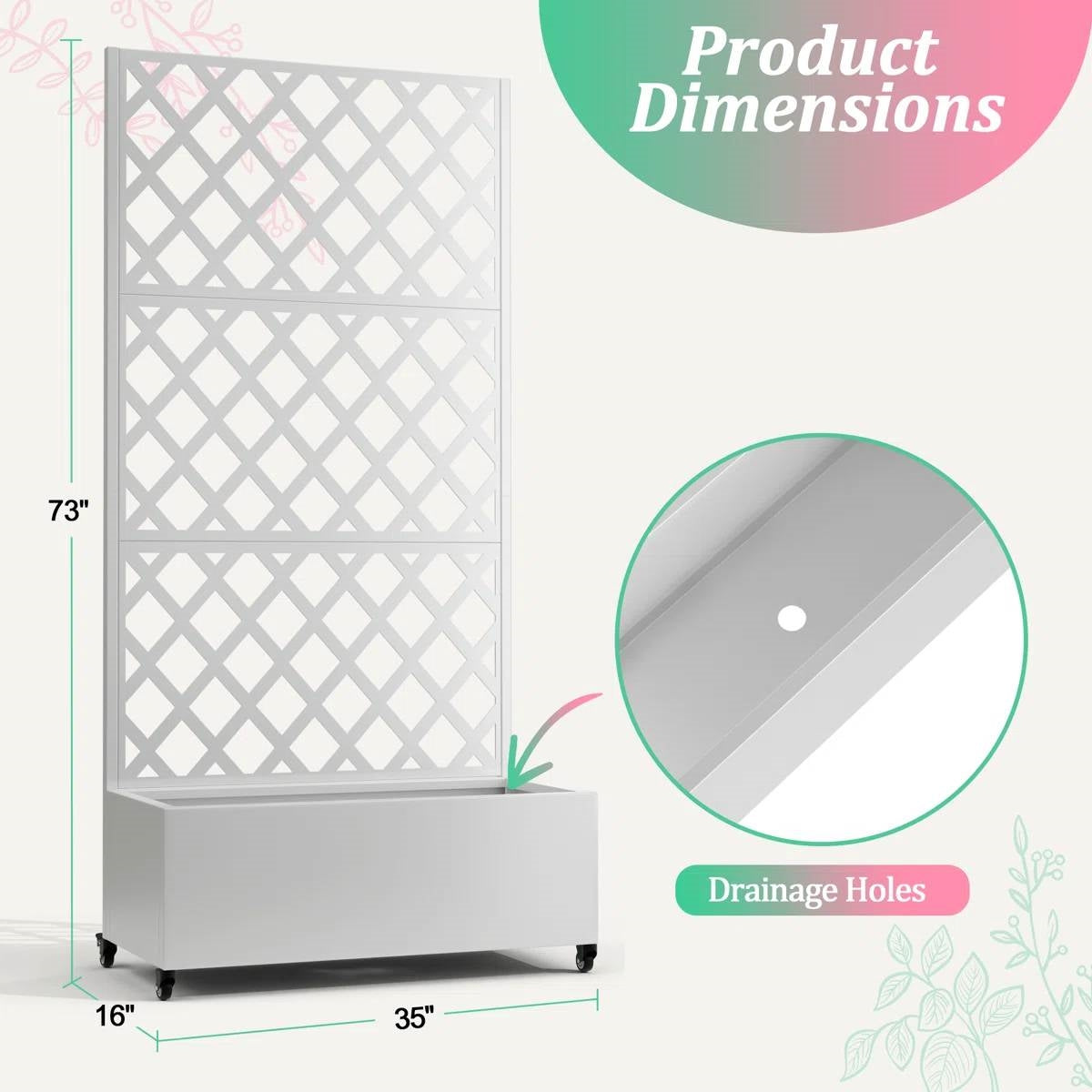 Maceta elevada de metal blanco para jardín exterior con enrejado y ruedas