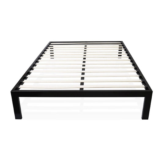 Base de cama de plataforma de metal negro moderna tamaño individual con listones de madera