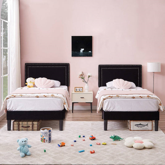 Juego de 2 - Cama de plataforma tapizada con cabecero capitoné negro estilo dormitorio individual