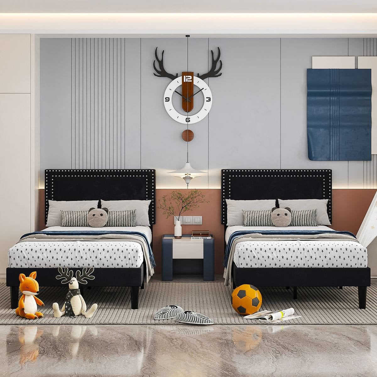 Juego de 2 - Cama de plataforma tapizada con cabecero capitoné negro estilo dormitorio individual