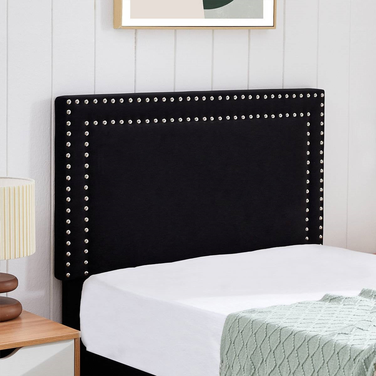 Juego de 2 - Cama de plataforma tapizada con cabecero capitoné negro estilo dormitorio individual