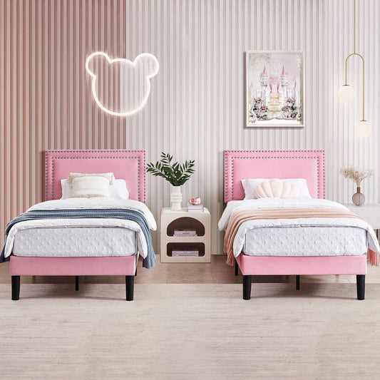 Juego de 2 - Cama de plataforma tapizada en rosa tamaño Twin con cabecero con ribete de tachuelas