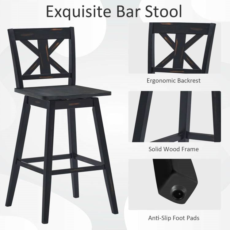 Juego de 2 taburetes de bar modernos de madera negra de 29 pulgadas con asiento giratorio para cocina o comedor estilo rústico