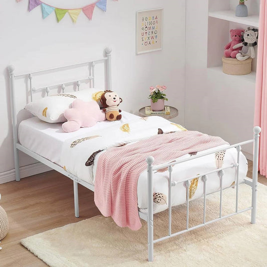 Cama de plataforma individual de metal blanco estilo victoriano con cabecero y pie de cama