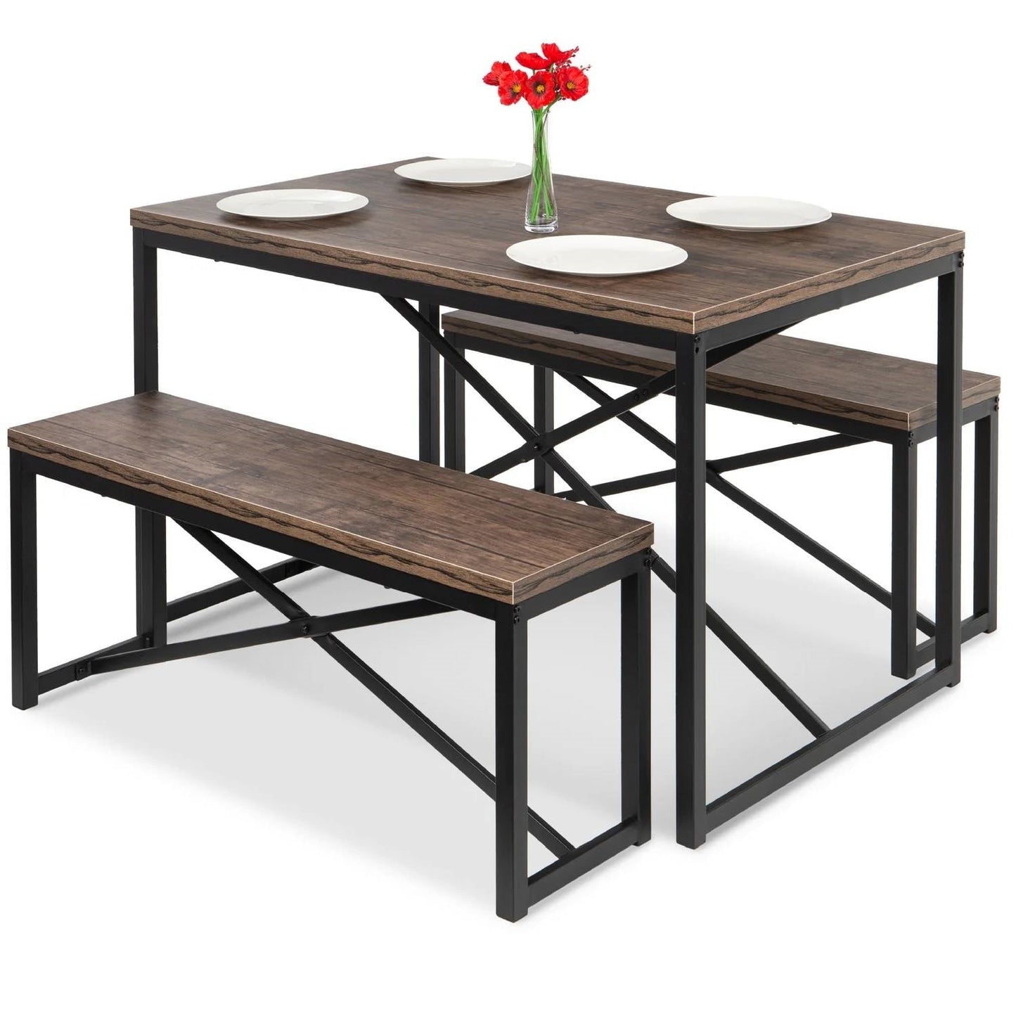 Juego de comedor moderno de 3 piezas con mesa de estructura metálica y cubierta de madera, y 2 bancas